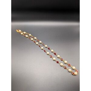 Open Bezel Necklace Gold Tone Faux Pearl Red Rhinestone Beaded Womens 26inch